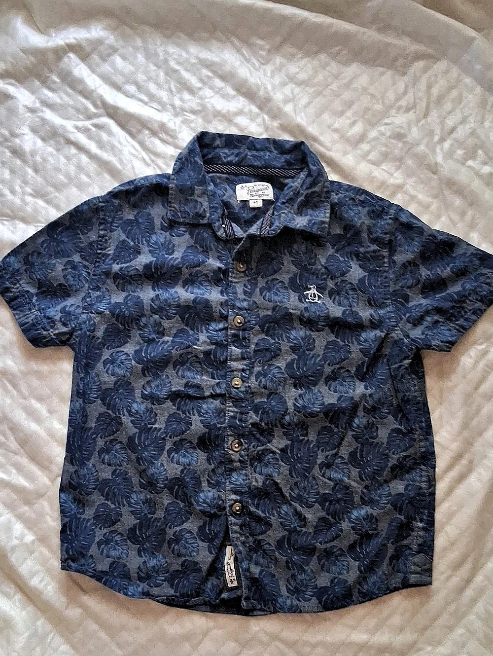 Original Penguin Onsasor Boys Floral Button Down Shirt Blue Gray Size 6Y